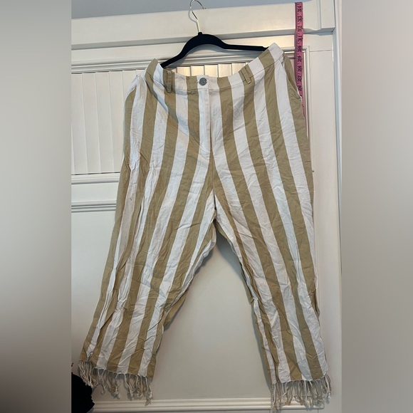 Staud Zuma Cabana Stripe Fringe Hem Beige White Cotton & Linen Pants Size 14 - Picture 3 of 9